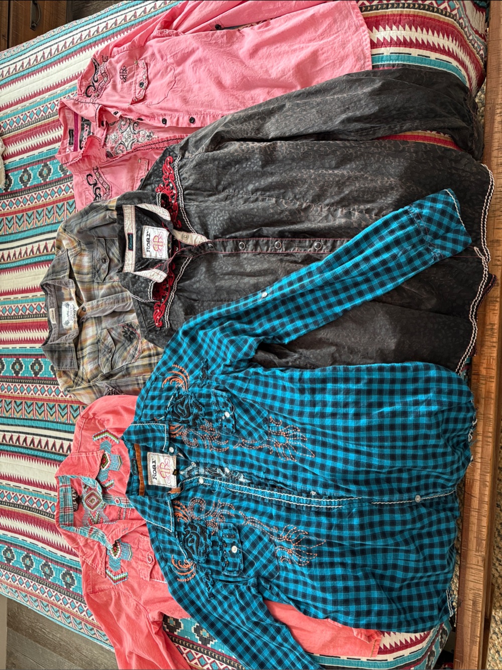 Lot of 4 Roar Western Rodeo shirts w/Embroidered Accents Bling and 1 Cowgirl Up